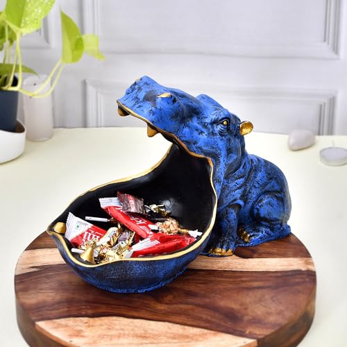 Deveie Craft Big Mouth Blue Hippopotamus Showpiece As Storage Animal Statue for Home Dcor, Sculpture for Living Room Table Dcor (28X21 CM) - Deveie