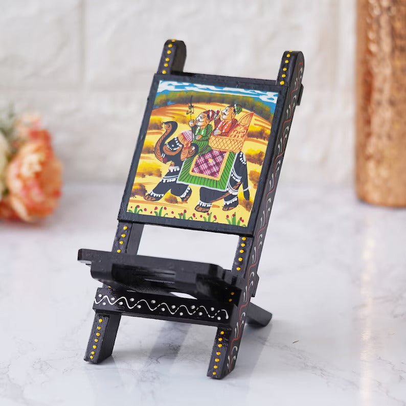 Deveie Crafts Indian Handmade Beautiful Wooden Hand Painted Elephant Chair, Indian Chair Small Decorative Mobile Stand, Spectacle Specs Eyeglass Holder - Deveie