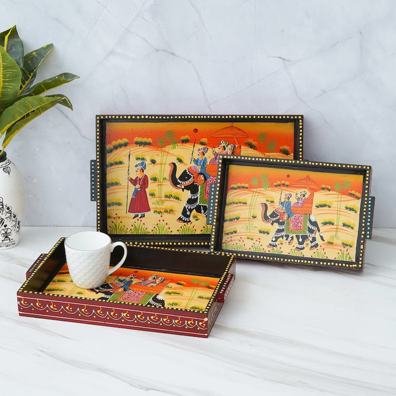 Custom Wooden Tray Set for Serving and Decor - HandPainted Wooden Serving Tray Set off 3 - Deveie