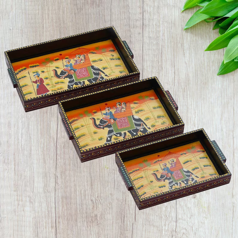 Custom Wooden Tray Set for Serving and Decor - HandPainted Wooden Serving Tray Set off 3 - Deveie