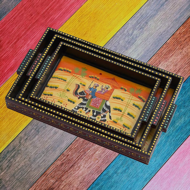 Custom Wooden Tray Set for Serving and Decor - HandPainted Wooden Serving Tray Set off 3 - Deveie