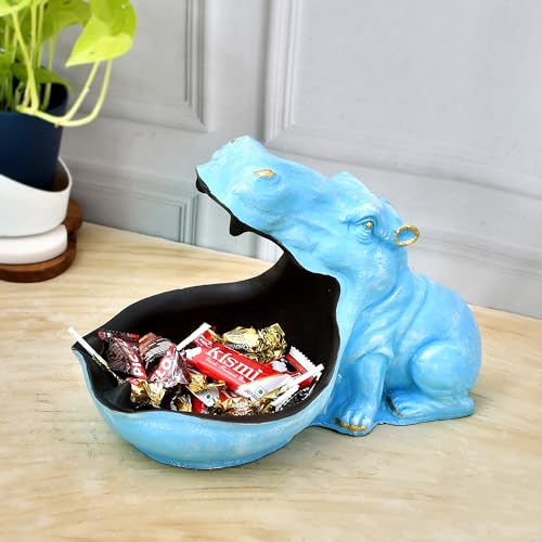 Deveie Craft Big Mouth Blue Hippopotamus Showpiece As Storage Animal Statue for Home Dcor, Sculpture for Living Room Table Dcor (28X21 CM)