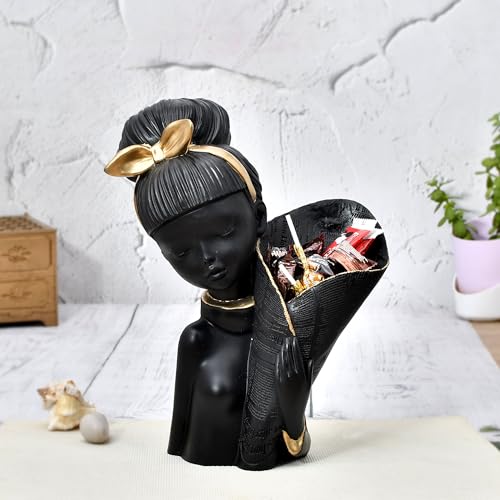 Deveie Crafts Resin Modern Art Decorative Flower Black Lady with Basket Statue for Living Room and Home Decor, Showpiece for Decoration,(29 X 18 CM) - Deveie