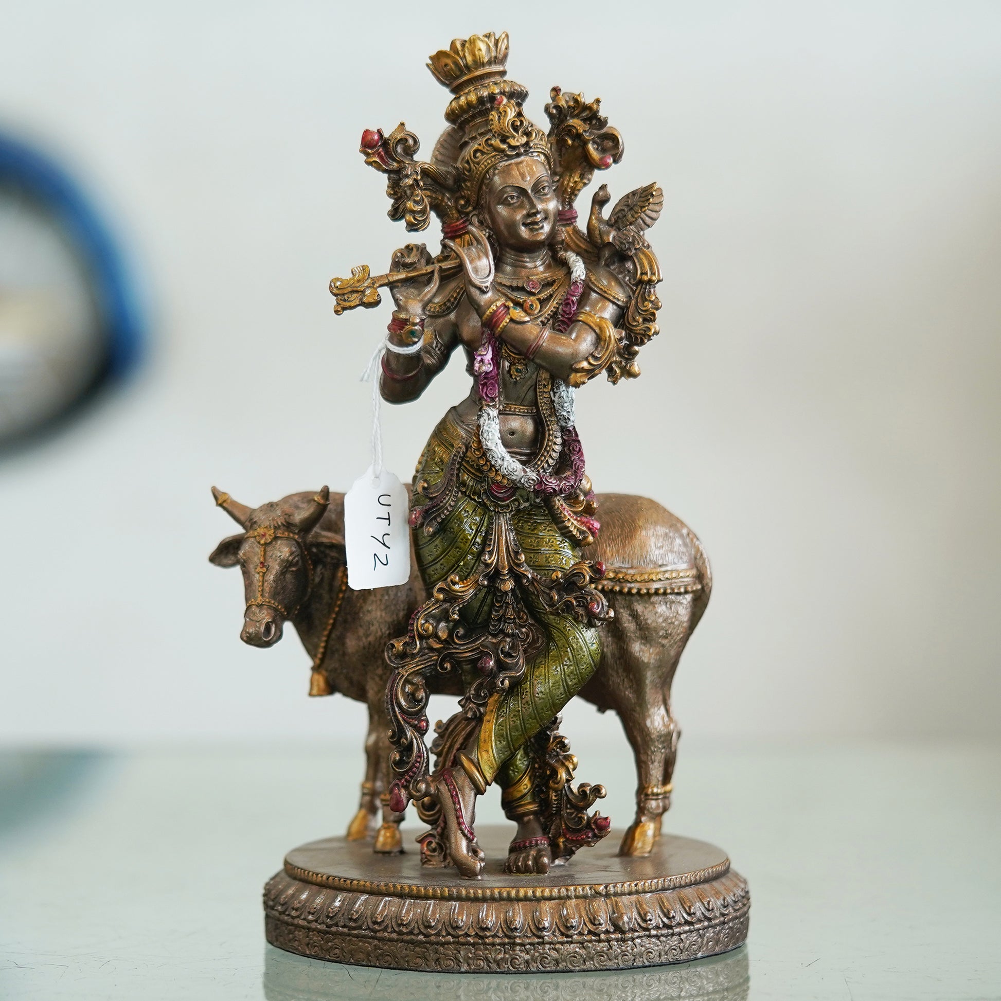 Deveie Crafts Resin Krishna and Cow Statue Spiritual Home Décor - Deveie