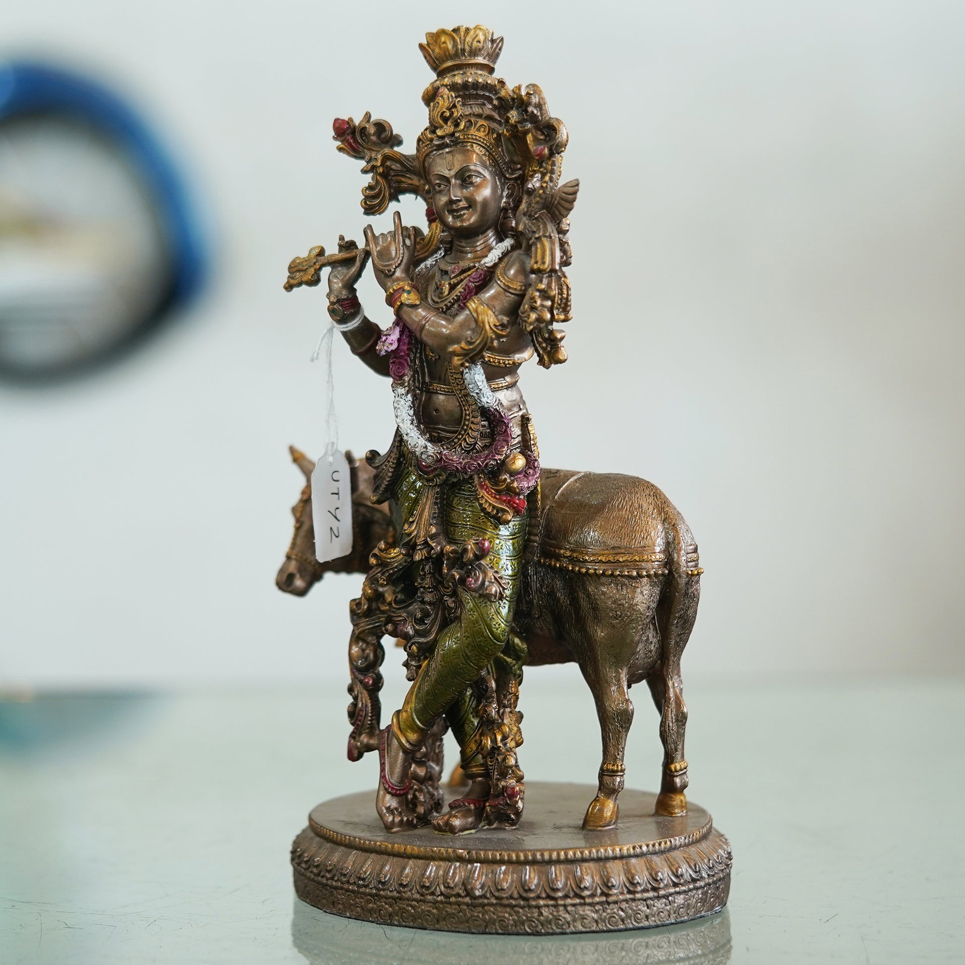 Deveie Crafts Resin Krishna and Cow Statue Spiritual Home Décor - Deveie