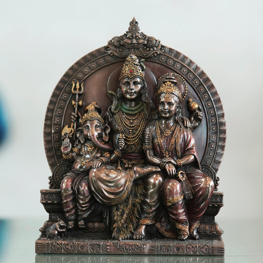 Deveie Crafts Sitting Lord Shiva Family Statue, Lord Shiva Family Idol Hindu God Figurine Ganesh, Parvati, Shiv Statue - 21 cm (Bronze, Copper) - Deveie