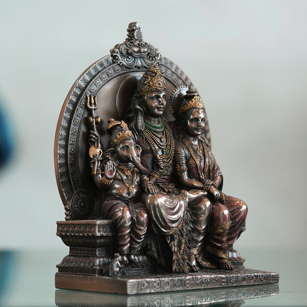 Deveie Crafts Sitting Lord Shiva Family Statue, Lord Shiva Family Idol Hindu God Figurine Ganesh, Parvati, Shiv Statue - 21 cm (Bronze, Copper)