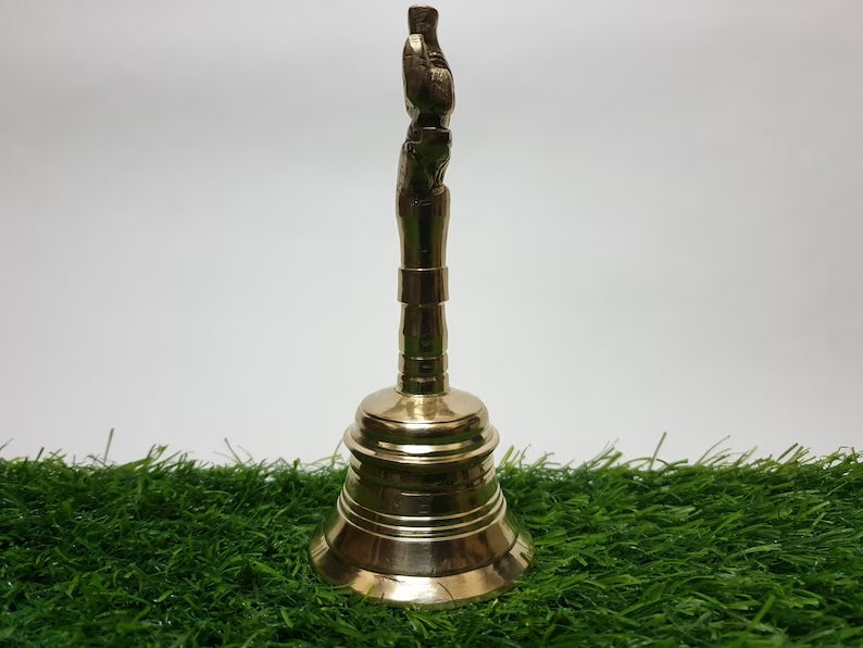 Deveie Crafts Brass Pooja Beel, Ghanti, Religious Hand Bell, Beautiful Hand carved Ganesha and Kalash Design Bell, Prayer Bell Height (14 cm) - Deveie