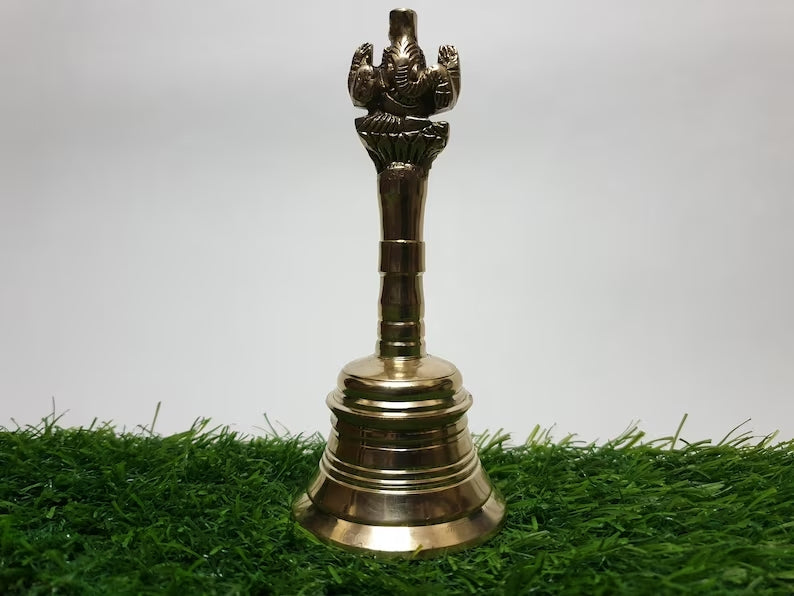 Deveie Crafts Brass Pooja Beel, Ghanti, Religious Hand Bell, Beautiful Hand carved Ganesha and Kalash Design Bell, Prayer Bell Height (14 cm) - Deveie
