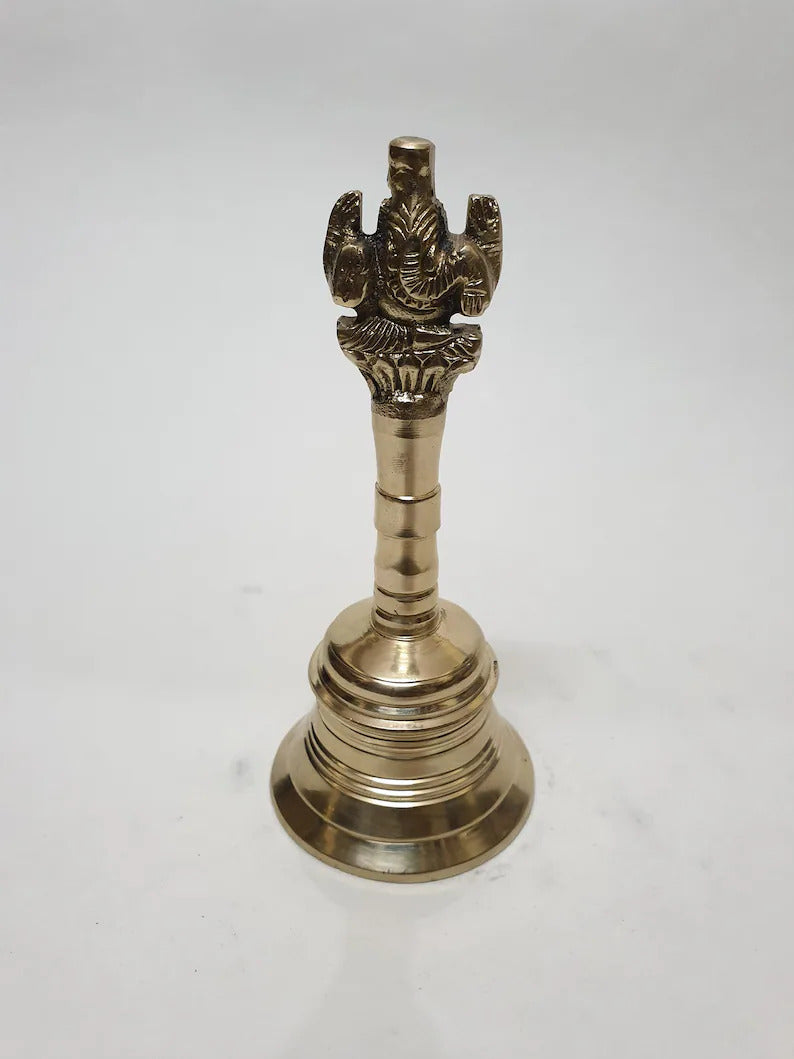 Deveie Crafts Brass Pooja Beel, Ghanti, Religious Hand Bell, Beautiful Hand carved Ganesha and Kalash Design Bell, Prayer Bell Height (14 cm)