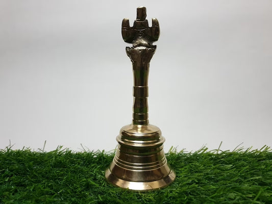 Deveie Crafts Brass Pooja Beel, Ghanti, Religious Hand Bell, Beautiful Hand carved Ganesha and Kalash Design Bell, Prayer Bell Height (14 cm) - Deveie