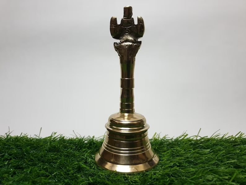 Deveie Crafts Brass Pooja Beel, Ghanti, Religious Hand Bell, Beautiful Hand carved Ganesha and Kalash Design Bell, Prayer Bell Height (14 cm) - Deveie