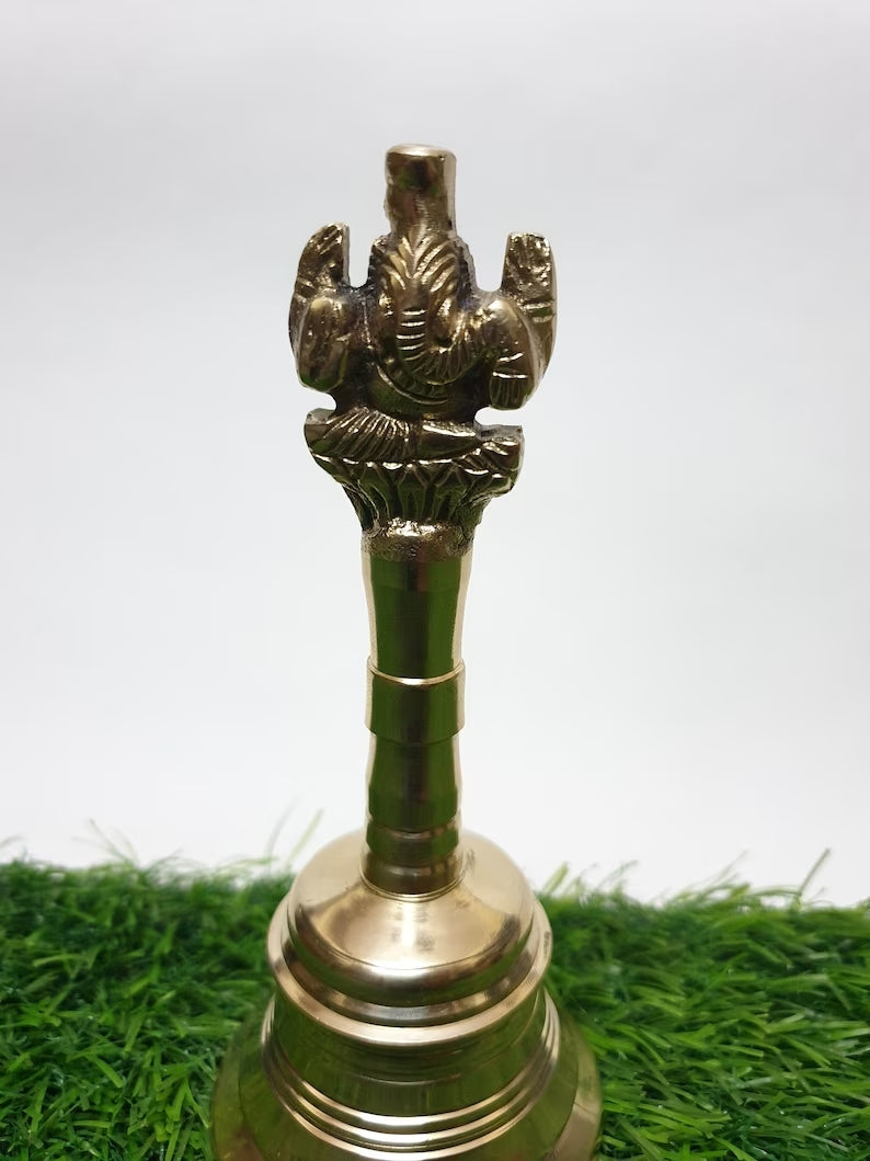 Deveie Crafts Brass Pooja Beel, Ghanti, Religious Hand Bell, Beautiful Hand carved Ganesha and Kalash Design Bell, Prayer Bell Height (14 cm) - Deveie