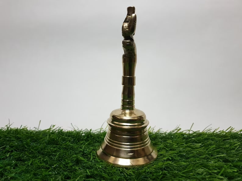 Deveie Crafts Brass Pooja Beel, Ghanti, Religious Hand Bell, Beautiful Hand carved Ganesha and Kalash Design Bell, Prayer Bell Height (14 cm) - Deveie