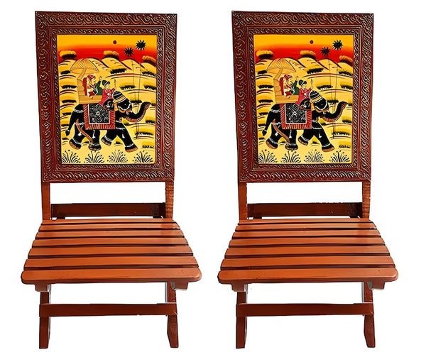 Deveie Crafts Rajasthani Mughlai Art Handmade Wooden Ethinic Antique Designer Folding Chairs and Table Set.
