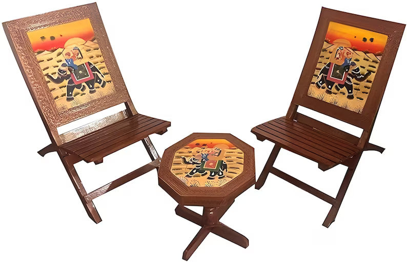 Deveie Crafts Rajasthani Mughlai Art Handmade Wooden Ethinic Antique Designer Folding Chairs and Table Set. - Deveie