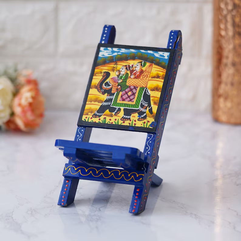 Deveie Crafts Indian Handmade Beautiful Wooden Hand Painted Elephant Chair, Indian Chair Small Decorative Mobile Stand, Spectacle Specs Eyeglass Holder - Deveie
