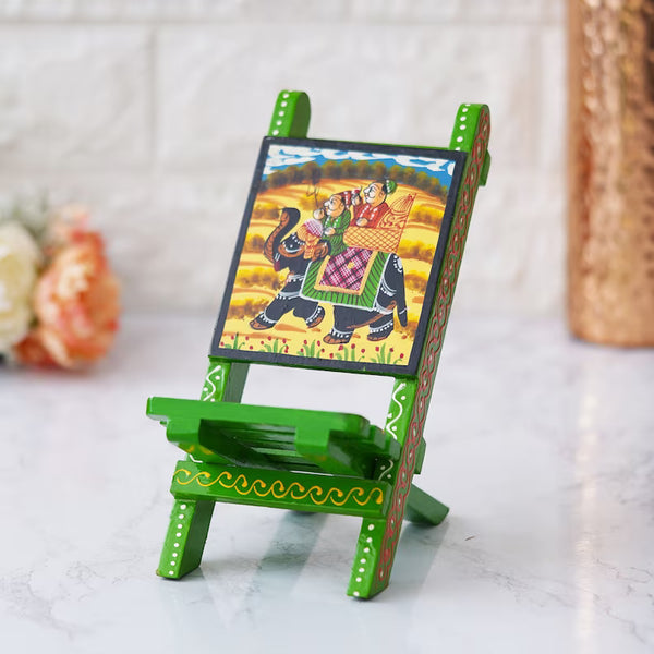 Deveie Crafts Indian Handmade Beautiful Wooden Hand Painted Elephant Chair, Indian Chair Small Decorative Mobile Stand, Spectacle Specs Eyeglass Holder