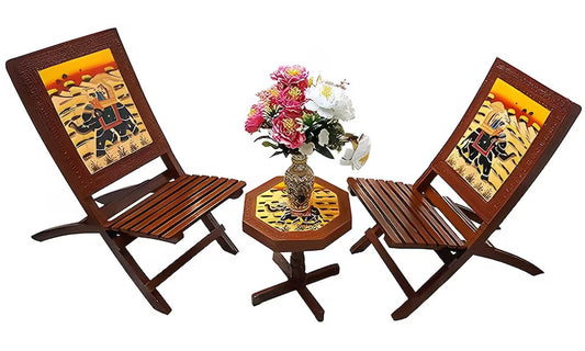 Deveie Crafts Rajasthani Mughlai Art Handmade Wooden Ethinic Antique Designer Folding Chairs and Table Set. - Deveie