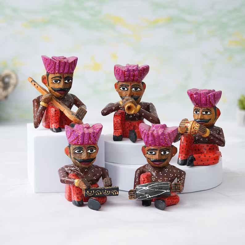 Handpainted Rajasthani Musician Set For Home Decor, Handcrafted Wooden Bawla Set, Ethnic Indian Art - Deveie