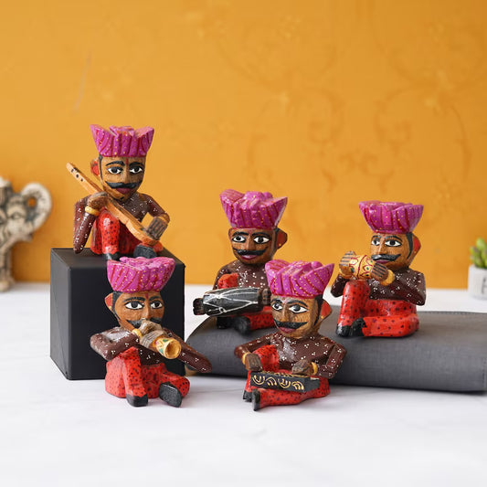 Handpainted Rajasthani Musician Set For Home Decor, Handcrafted Wooden Bawla Set, Ethnic Indian Art - Deveie