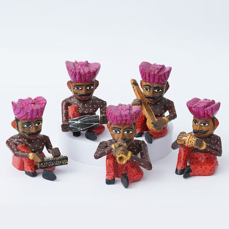 Handpainted Rajasthani Musician Set For Home Decor, Handcrafted Wooden Bawla Set, Ethnic Indian Art - Deveie