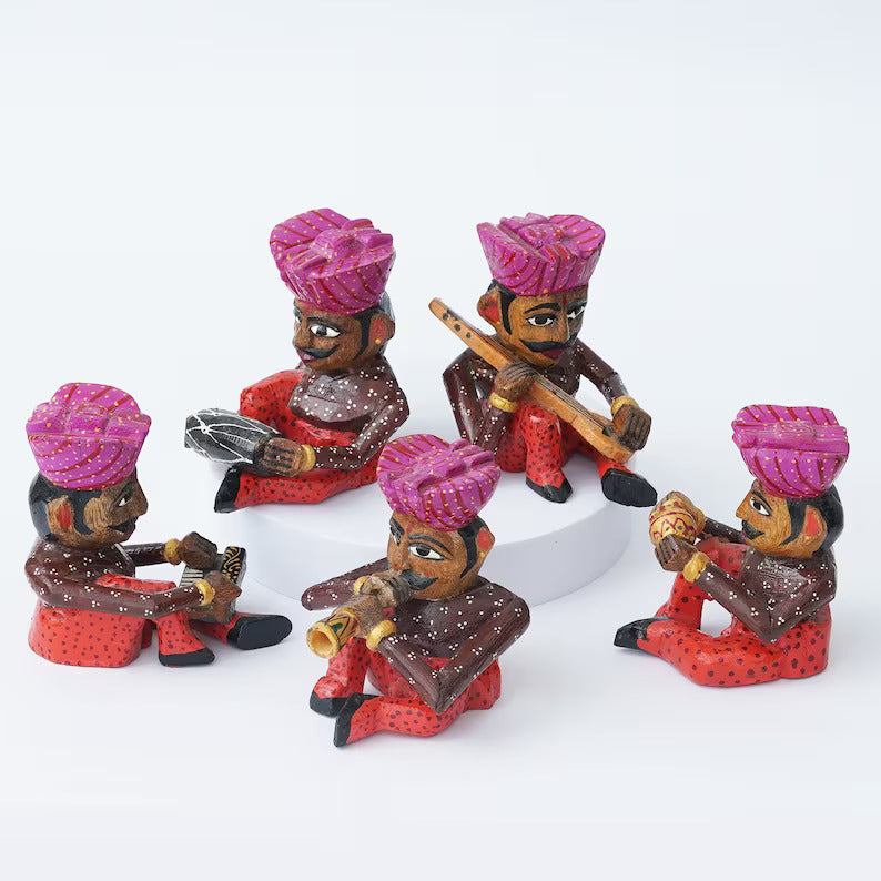Handpainted Rajasthani Musician Set For Home Decor, Handcrafted Wooden Bawla Set, Ethnic Indian Art - Deveie