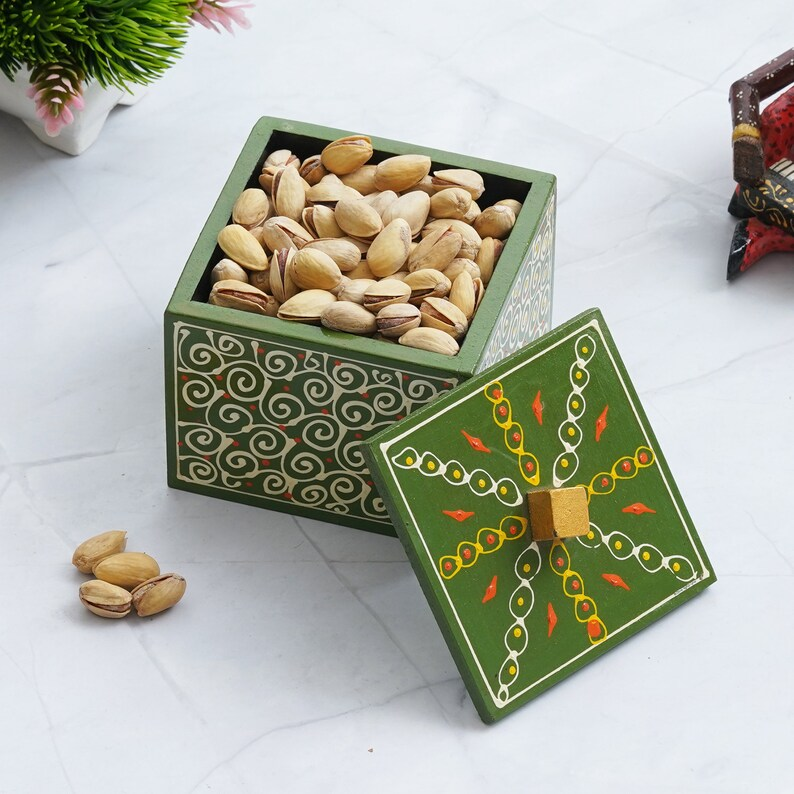 Wooden Dry Fruit Box for home decor, Handpainted snack box, chocolate box, Indian spice box, chocolate gift box, Handmade Gifts for her - Deveie