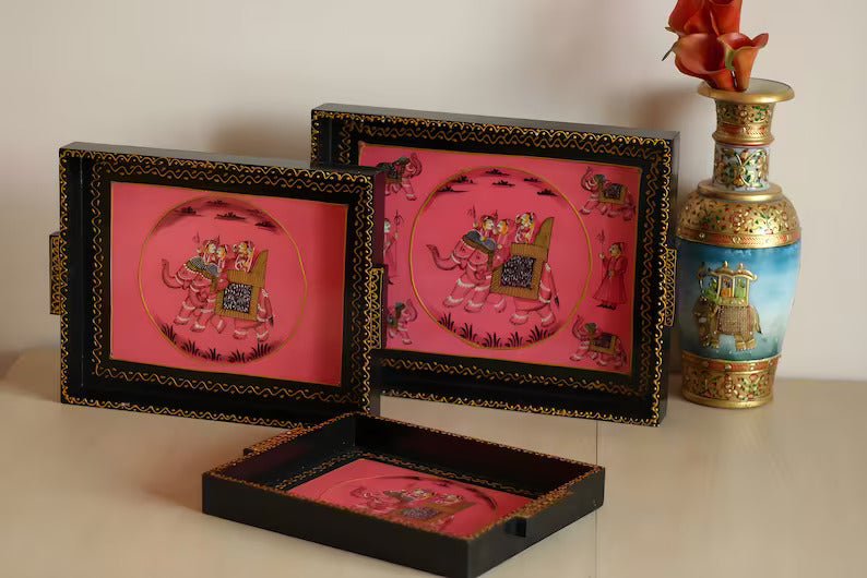 Deveie Crafts Handpainted Wooden Serving Tray Set of 3/ Antique Diwali Decoration/ Home Decor/ Wedding, Housewarming Gift - Deveie