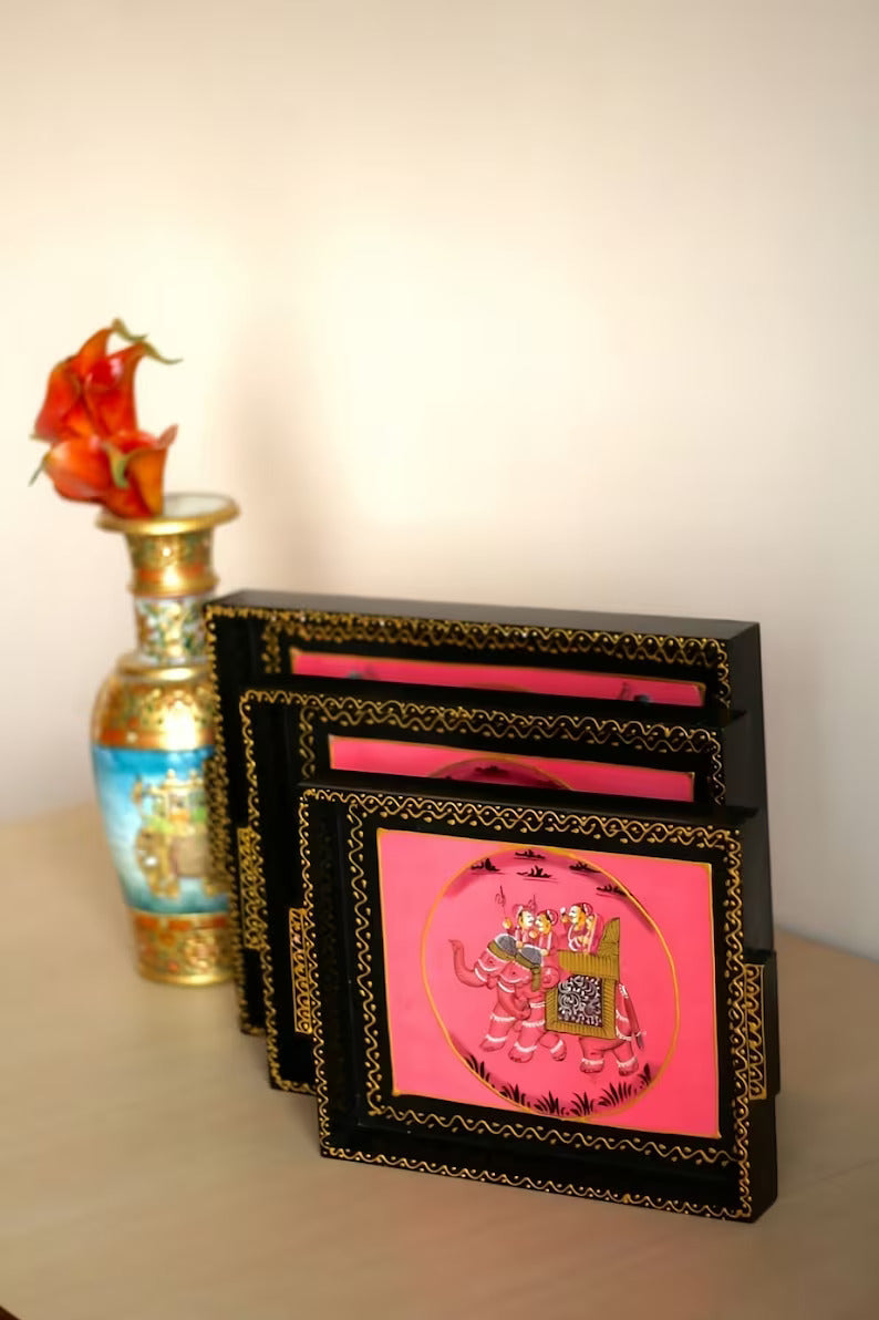 Deveie Crafts Handpainted Wooden Serving Tray Set of 3/ Antique Diwali Decoration/ Home Decor/ Wedding, Housewarming Gift