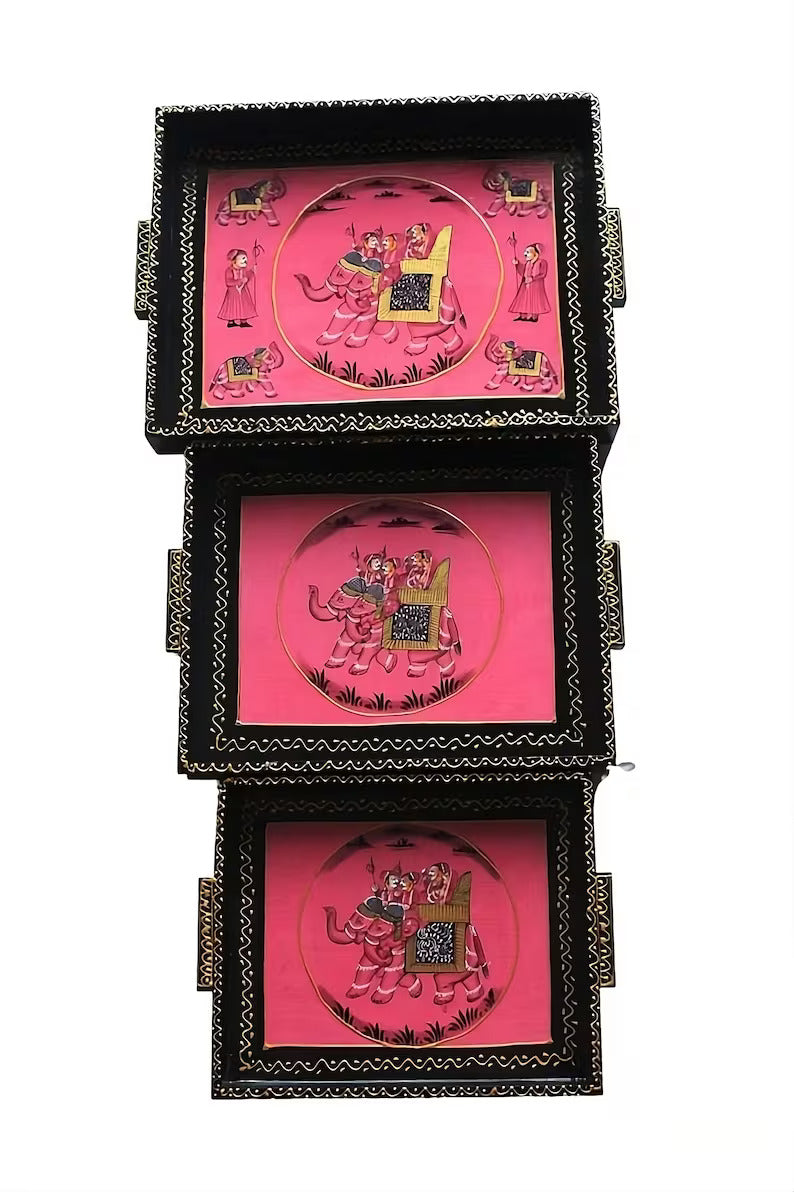 Deveie Crafts Handpainted Wooden Serving Tray Set of 3/ Antique Diwali Decoration/ Home Decor/ Wedding, Housewarming Gift - Deveie