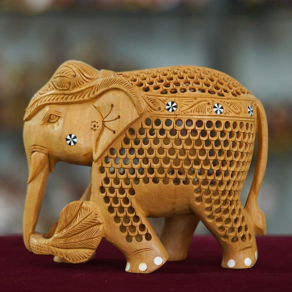 Wood Carving Undercut Jali Work Elephant Statue Beautiful Decorative Showpiece Figurine for Home Decor & Gift Purpose - Deveie