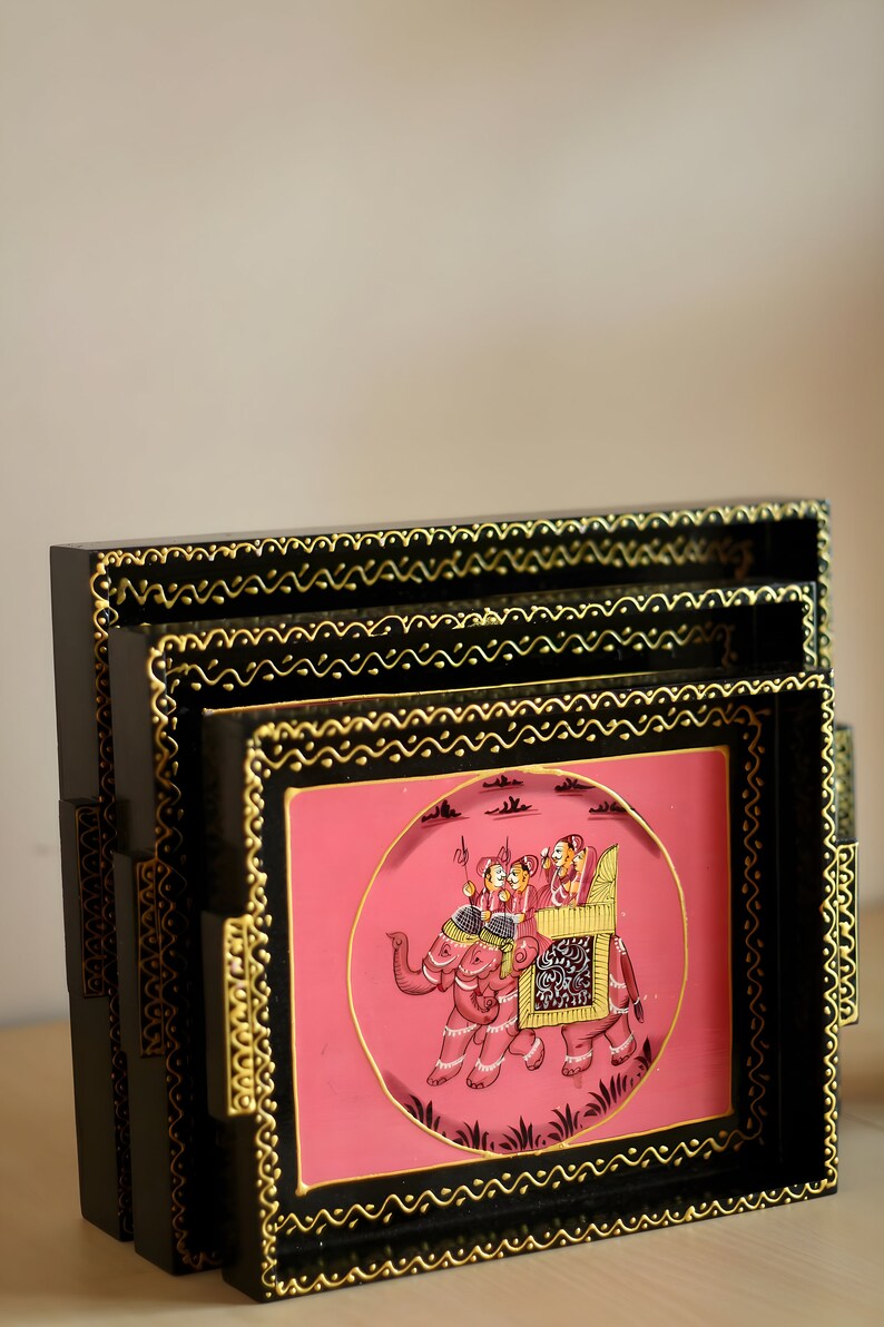 Deveie Crafts Handpainted Wooden Serving Tray Set of 3/ Antique Diwali Decoration/ Home Decor/ Wedding, Housewarming Gift - Deveie