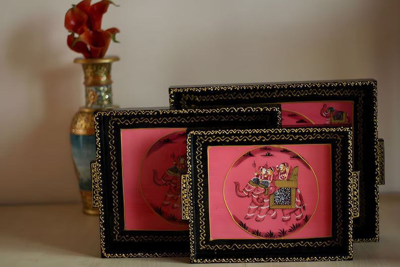 Deveie Crafts Handpainted Wooden Serving Tray Set of 3/ Antique Diwali Decoration/ Home Decor/ Wedding, Housewarming Gift - Deveie