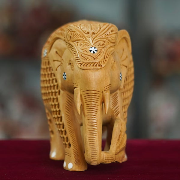 Wood Carving Undercut Jali Work Elephant Statue Beautiful Decorative Showpiece Figurine for Home Decor & Gift Purpose