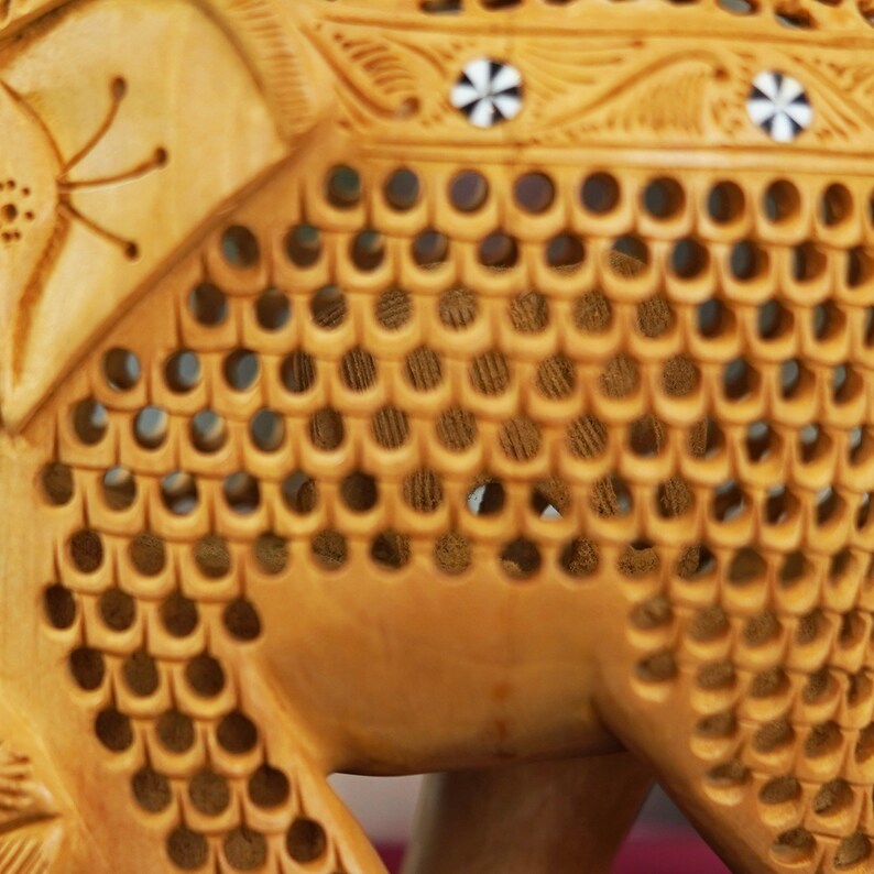 Wood Carving Undercut Jali Work Elephant Statue Beautiful Decorative Showpiece Figurine for Home Decor & Gift Purpose - Deveie