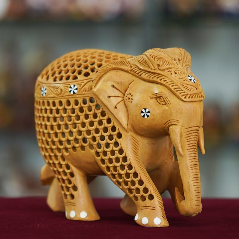 Wood Carving Undercut Jali Work Elephant Statue Beautiful Decorative Showpiece Figurine for Home Decor & Gift Purpose - Deveie