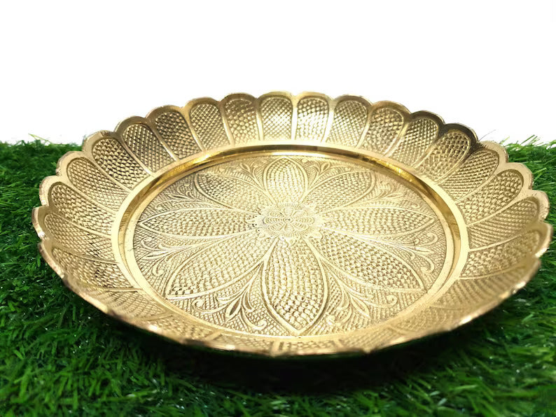 Deveie Crafts Brass Pooja Plate with Intricate Floral Design, Brass Pooja Thali, Diwali Pooja Plate.