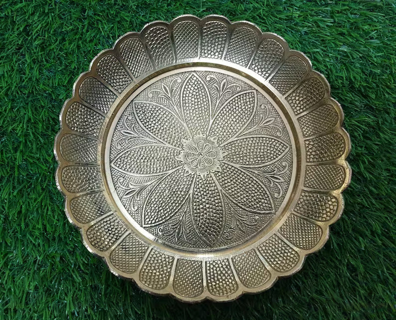 Deveie Crafts Brass Pooja Plate with Intricate Floral Design, Brass Pooja Thali, Diwali Pooja Plate. - Deveie