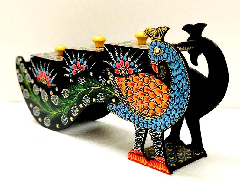 Deveie Crafts Graceful Harmony: Handcrafted Wooden Peacock for Home Decor, Multipurpose Box, Peacock Wooden Dry Fruit Box, Wedding and Corporate Gifts - Deveie